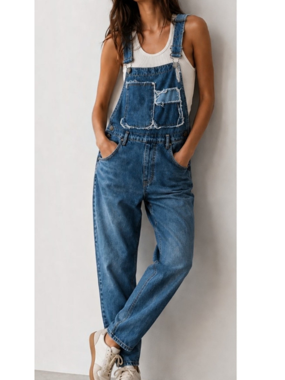 Zara Trafaluc Denimwear Mom Fit Overalls Distressed Patchwork Bib Jeans M